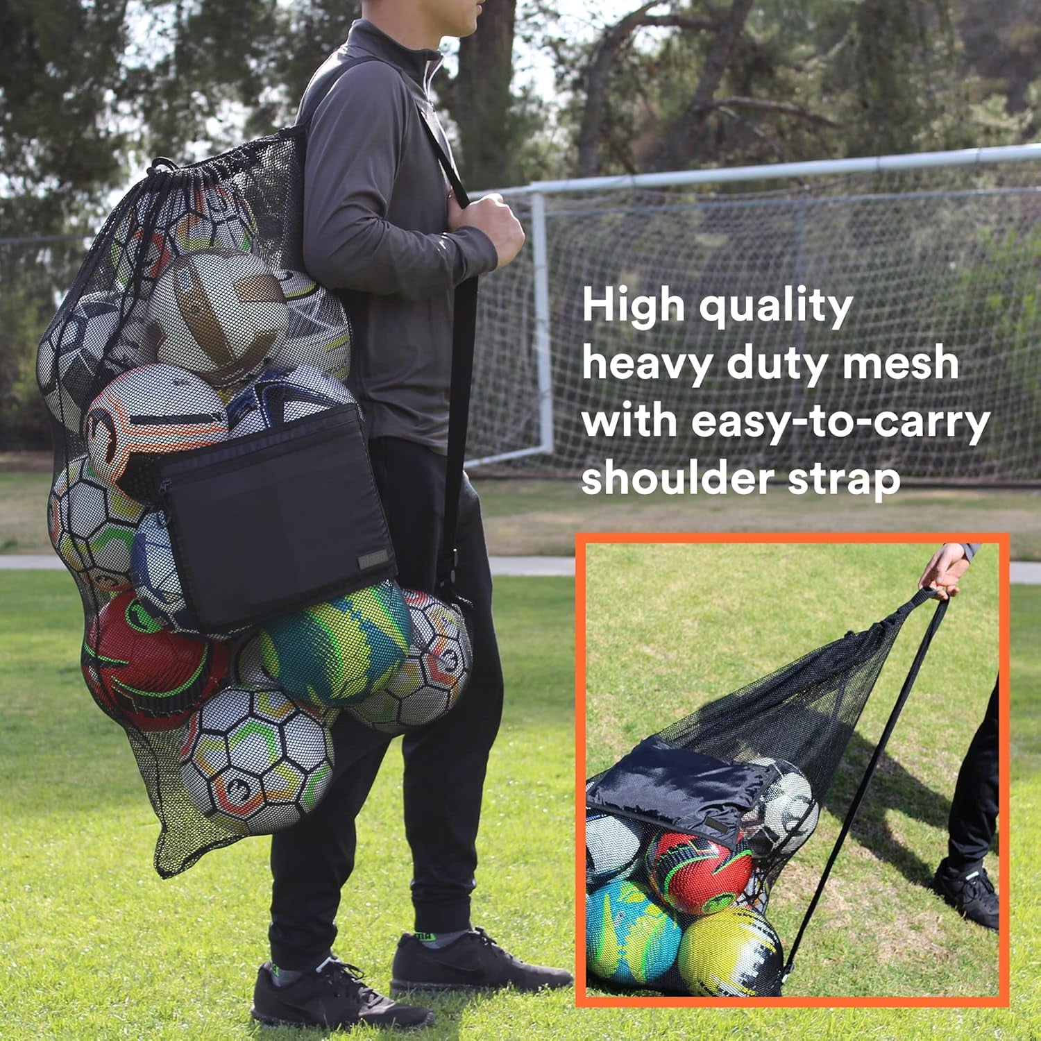 Extra Large Heavy Duty Mesh Bag. Best for Soccer Ball, Water Sports, Beach Cloth, Swimming Gears. Adjustable Shoulder Strap. Secure Side Pocket