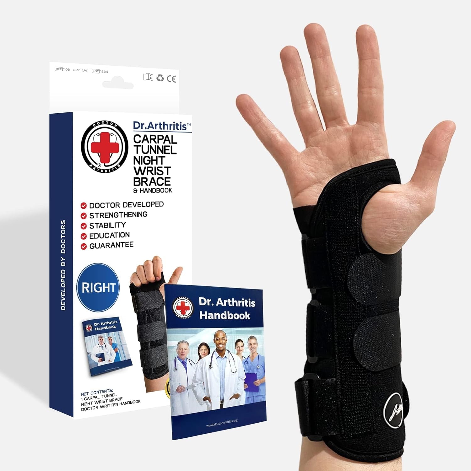 Doctor Developed Carpal Tunnel Wrist Brace for Night Support - Wrist Brace for Carpal Tunnel with Wrist Splint - Sleep Brace for Sprained Wrist - F.D.A Medical Device & Handbook (Right Hand)